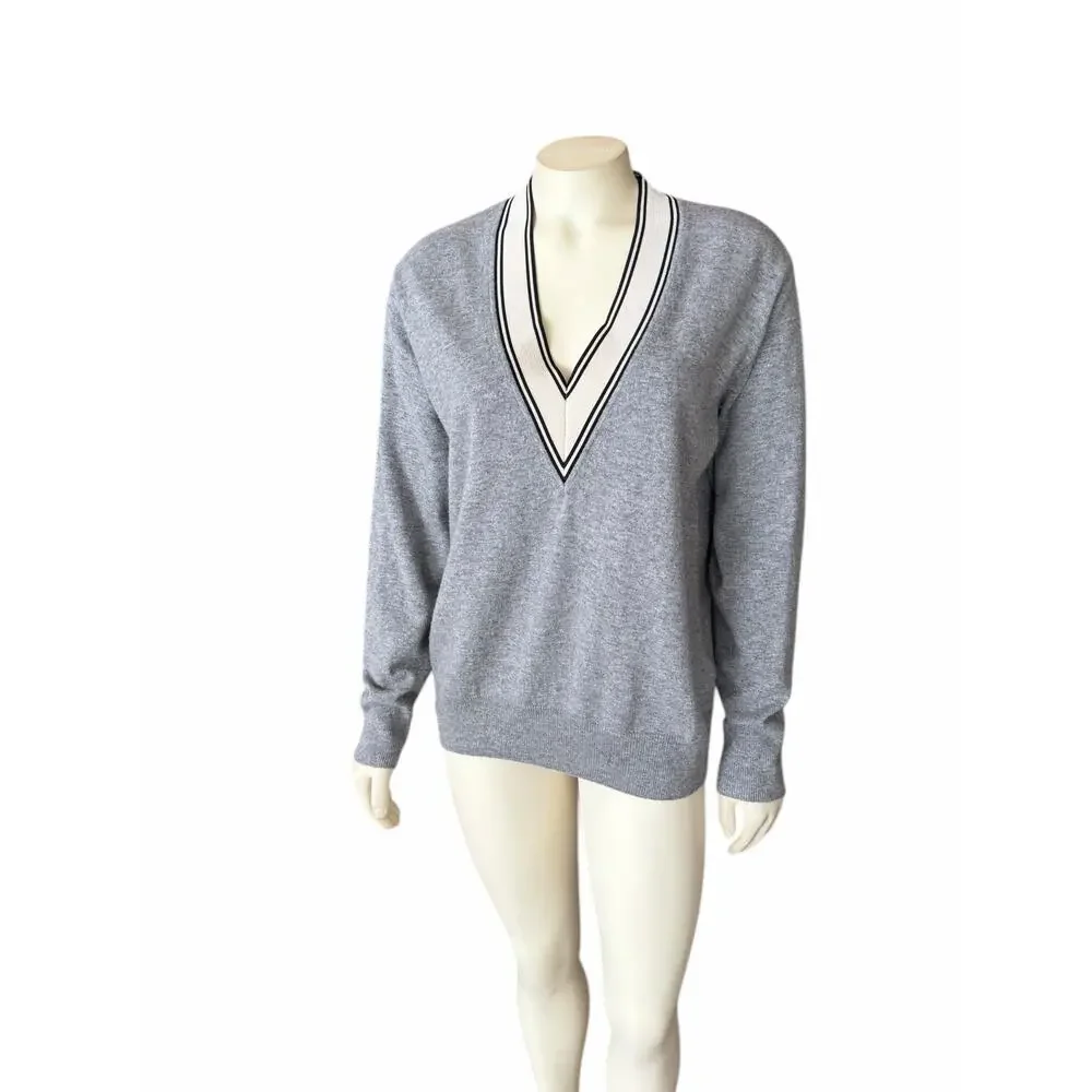 Sandro Camie Contrast V-Neck Sweater Gray Size 2 - Picture 2 of 7
